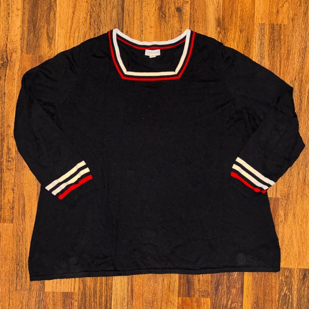 Susan Graver Black Square Neck Knit Sweater Red White Stripe Trim Size 3X
